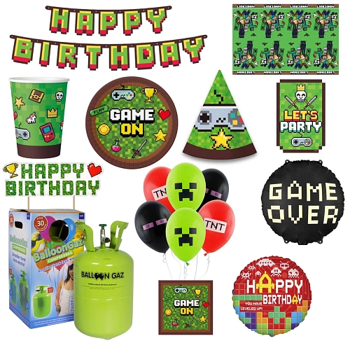 Dětská narozeninová sada Minecraft - Pixel s balónky a heliem - 10 osob