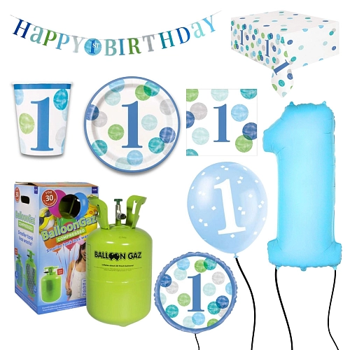 Dětská narozeninová sada 1.Narozeniny kluk s balónky a heliem  - 16 osob, 65 ks
