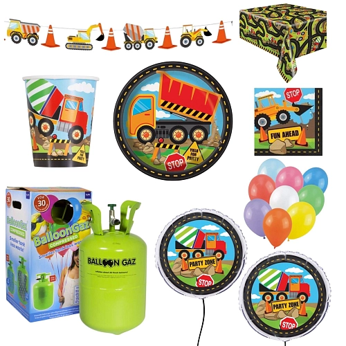 Dětská narozeninová sada Stavba - Bagr s balónky a heliem - 16 osob