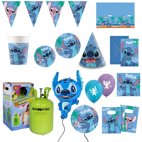 Dětská narozeninová sada Stitch a Angel s balónky a heliem - 12 osob, 112 ks