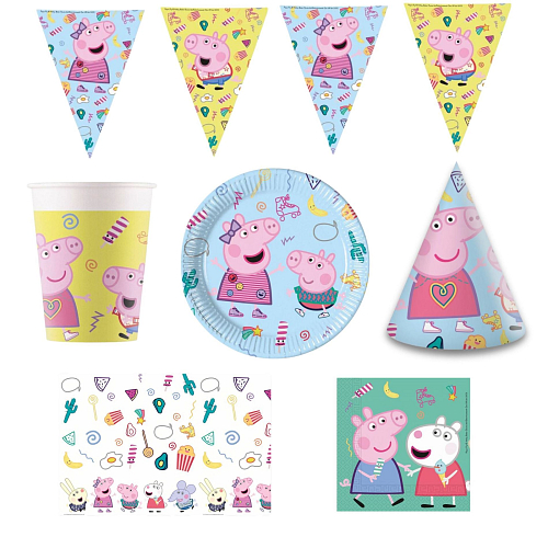 Dětská narozeninová sada prasátko Pepina - Peppa Pig - 12 osob, 66 ks