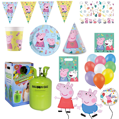Dětská narozeninová sada prasátko Pepina - Peppa Pig s balónky a heliem - 12 osob, 98 ks
