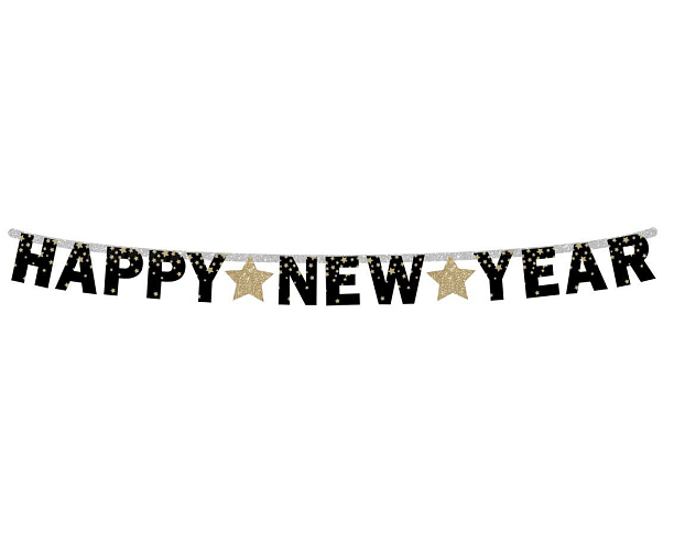 Papírová girlanda Happy New Year - Silvestr - zlaté hvězdy - 180 cm