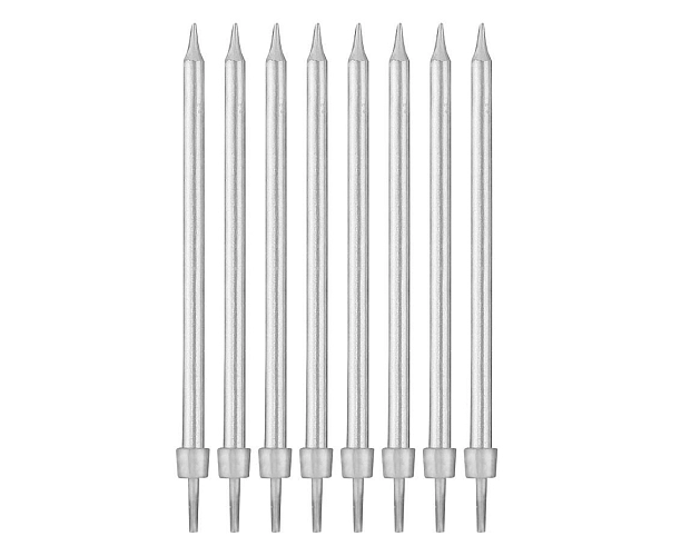Narozeninové svíčky střibrné s podstavcemi délka - 10 cm - 8 ks