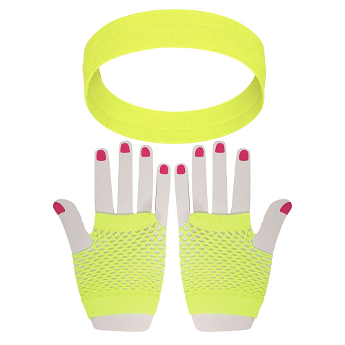 Sada retro síťované rukavice a čelenka - neon - žluté - 80.léta - disco
