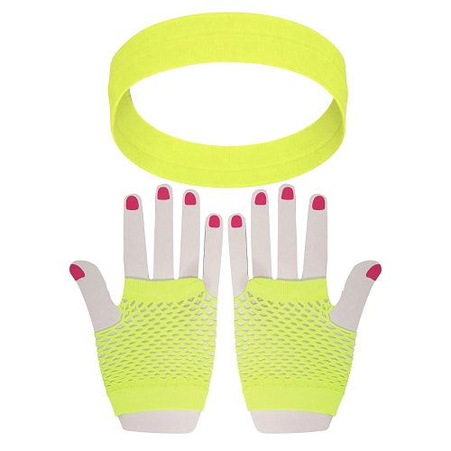 Sada retro síťované rukavice a čelenka - neon - žluté - 80.léta - disco