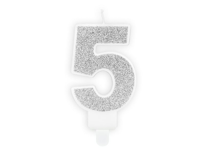 Narozeninová svíčka 5, stříbrná, 7cm
