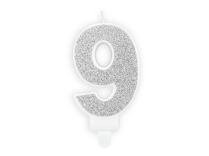 Narozeninová svíčka 9, stříbrná, 7cm