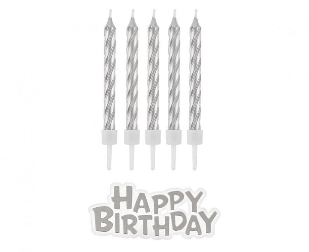 Svíčky narozeniny - Happy Birthday - stříbrné - 16 ks - 7 cm