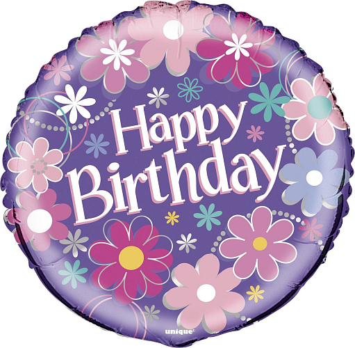 Balón fóliový narozeniny - Happy Birthday květy - 45 cm