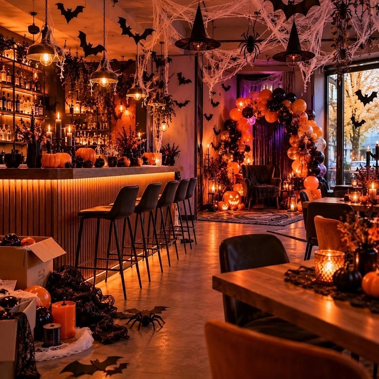 Rychlá halloweenská výzdoba baru s dýněmi, balónky