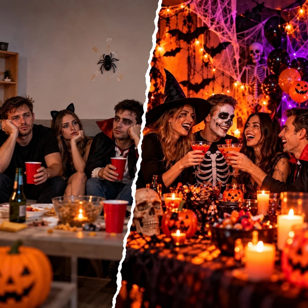 Halloweenská párty před a po výzdobě - nudná oslava bez dekorací vs. atmosférická Halloween párty s kostýmy a výzdobou