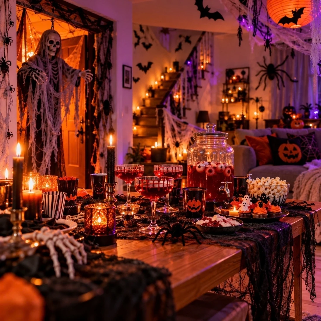 Halloween dekorace za pár stovek - strašidelná atmosféra s pavouky, svíčkami a dýněmi