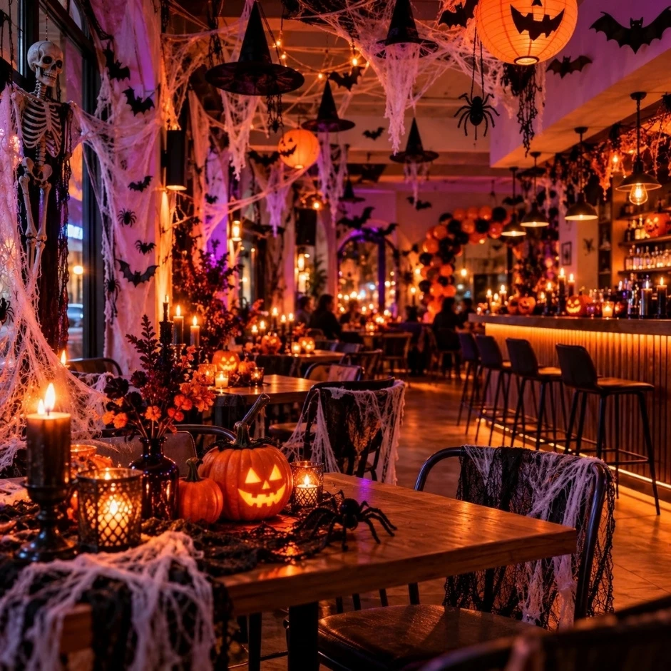 Halloween výzdoba baru a kavárny s dýněmi, pavučinami, svíčkami a strašidelnou atmosférou